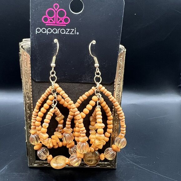 Paparazzi Jewelry Earrings Orange Dangle Drop Stacking Beads Hook Backing - Picture 2 of 8